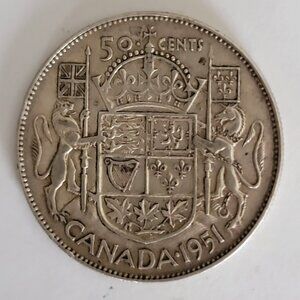 Vintage 1951 Canadian 50 Cent Silver Coin